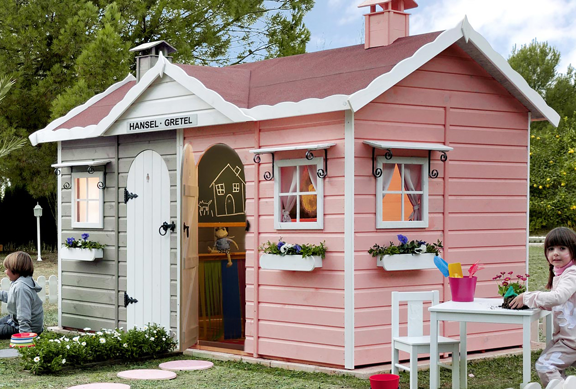 Cabane enfant - Grande cabane enfant peinte patio sur pilotis avec terrasse  - Couleur Garden